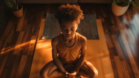 Person sitting cross-legged in a calm meditation pose with soft morning light