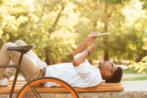 Balanced digital lifestyle with a mix of devices and wellness elements